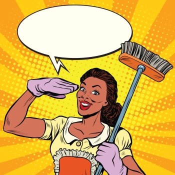 Beautiful woman cleaner with brush for floors, pop art retro comic book vector illustration. Service home cleaning