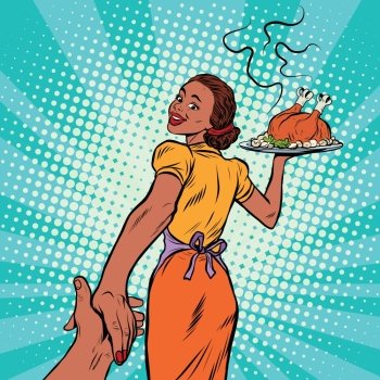 follow me African-American housewife with roast Turkey, pop art retro comic book vector illustration. Christmas or thanksgiving holiday home dinner