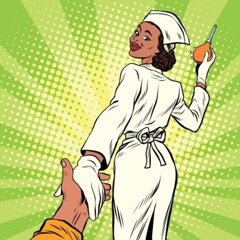 Nurse with enema, follow me, pop art retro comic book vector illustration