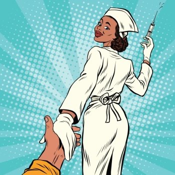 Follow me nurse with medical syringe for injection, pop art retro comic book vector illustration