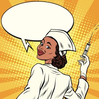 African American nurse with a syringe for vaccination, pop art retro comic book vector illustration