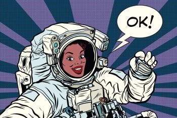 OK gesture woman astronaut in a spacesuit, pop art retro comic book vector illustration