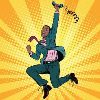 Businessman with phone jump happiness emotions, pop art retro comic book vector illustration