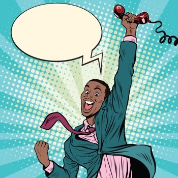 African American man with phone happiness emotions, pop art retro comic book vector illustration
