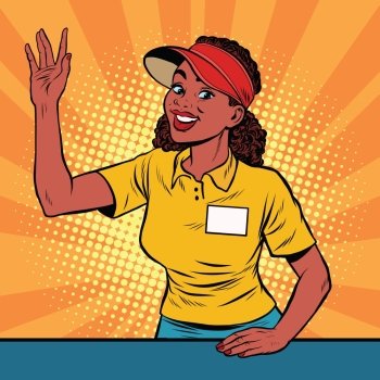 Beautiful girl restaurant worker takes the order, pop art retro vector illustration. A restaurant employee fast food. The seller is in uniform