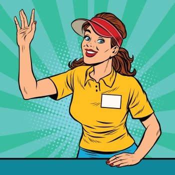 Joyful young female fast food worker takes the order, pop art retro vector illustration. A restaurant employee fast food. The seller is in uniform