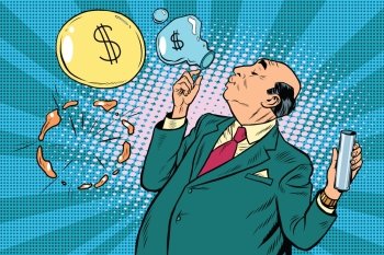 Businessman financier money inflates bubbles, pop art retro vector illustration