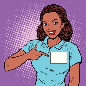 Beautiful woman Manager with a name badge, pop art retro vector illustration. Africa American people