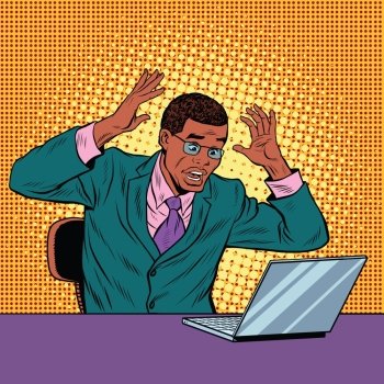 Businessman in panic, reading notebook, pop art retro vector illustration. Bad news on the Internet. African American people