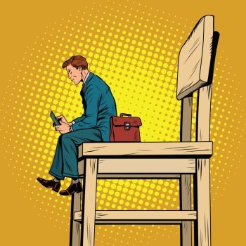 Small business man on the big chair, and smartphone, pop art retro vector illustration