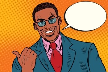 Positive African businessman showing thumb direction, pop art retro vector illustration