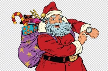 Santa Claus shows on the clock, New year and Christmas, pop art retro vector illustration. Checkered background to simulate transparency
