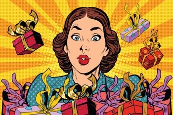 Beautiful retro girl and holiday sales. Pop art vector illustration. Beautiful retro girl and holiday sales