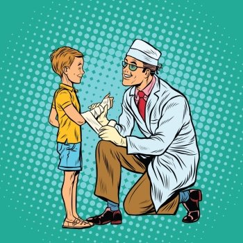 Retro doctor bandaging boy injured arm. Pop art retro vector illustration. Retro doctor bandaging boy injured arm