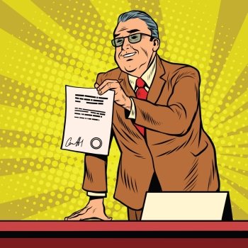 Business boss with a contract. Pop art retro vector illustration. Business boss with a contract