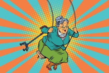 Old woman swinging on a baby swing. Pop art retro vector illustration. Granny with a crutch. Old woman swinging on a baby swing