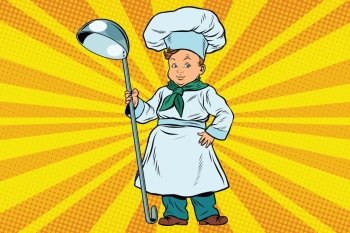 The little boy cook. Pop art retro vector illustration. Profession and talents. The little boy cook