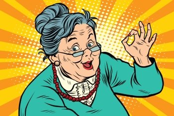 Grandma okay gesture, the elderly. Pop art retro vector illustration