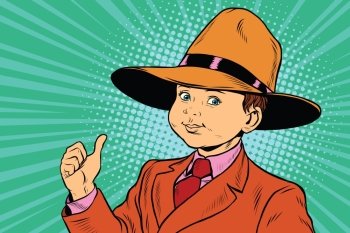 thumb up boy in a big hat. Pop art retro vector illustration. thumb up boy in a big hat