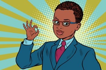 Boy OK gesture. Pop art retro vector illustration. African American people. Boy OK gesture