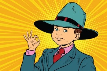 Boy OK gesture. big hat mafia. Pop art retro vector illustration