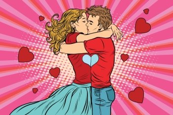 Love couple kiss, boy and girl in Valentines day, pop art retro vector. A romantic date. Young people