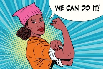 political activist black woman we can do it. Pink pussy cat hat. Vintage pop art retro vector illustration. political activist black woman we can do it. Pink pussy cat hat