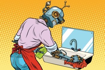 Home cleaning washing kitchen sinks, robot works. Vintage pop art retro vector illustration