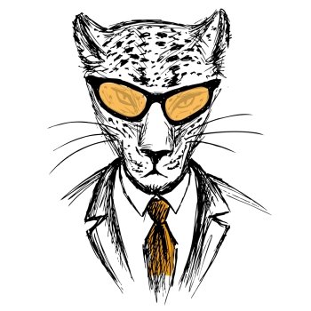 Hand Drawn Fashion Portrait of leopard Hipster isolated on white  background, vector