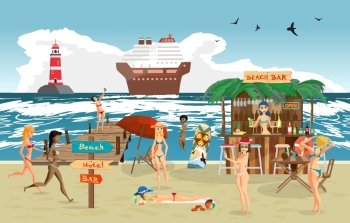 Sea landscape summer beach. Vector cartoon flat illustration. Beach bar with bartender, a woman in a bikini to swim and sunbathe, play sports. Cruise ship and lighthouse