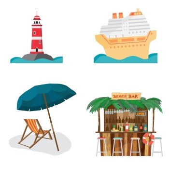 Set of summer beach objects. Summer Holidays. The lighthouse, cruise ship, beach bar, beach umbrella and chair