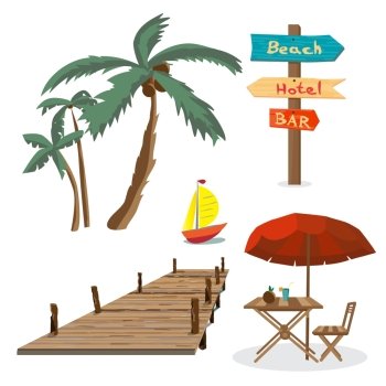 Set of summer beach objects. Summer Holidays. Palm trees, a wooden pier, a table with an umbrella, a wooden pointer, yacht