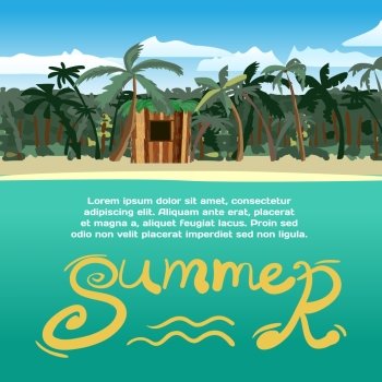 Summer vacation concept background with space for text. Sea landscape summer tropical beach with palm trees and a small wooden hut. Vector cartoon flat illustration. 