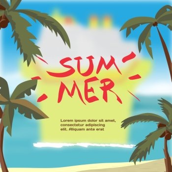 Summer vacation concept background with space for text. Sea landscape summer beach, palms and cruise ship in the distance blurred. Vector cartoon flat illustration.