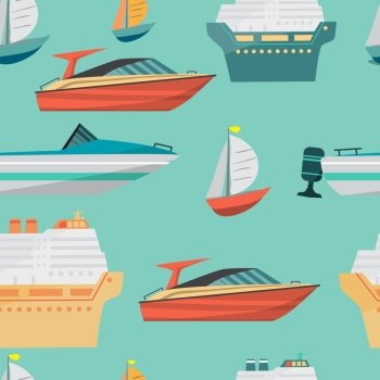 Seamless vector pattern with motor boat and ships cruise liner. Sea or river ship, flat cartoon background