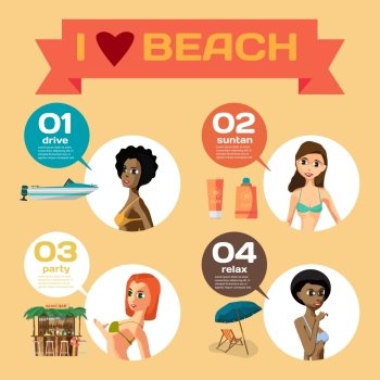 Vector Infographic set flat design about women on the beach. How do they spend their time on coast. Character girls, sunbathe, swim, leisure, favorite