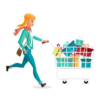 Young blonde woman running with a trolley on Black Friday, the day before Christmas. Cartoon style vector illustration isolated on white background