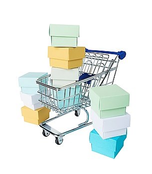 Shopping cart filled with multicolored boxes isolated on white background
