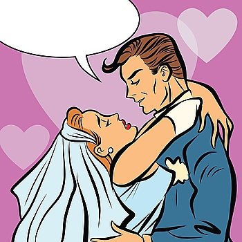 Wedding bride and groom love heart hug vector retro pop art. True loves kiss. Postcard wedding invitation. Wedding bride and groom love heart hug 