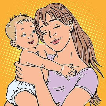 young mother baby vector retro pop art. The children and parents. maternal concern about the baby. Vector mother. Mom illustration. young mother baby