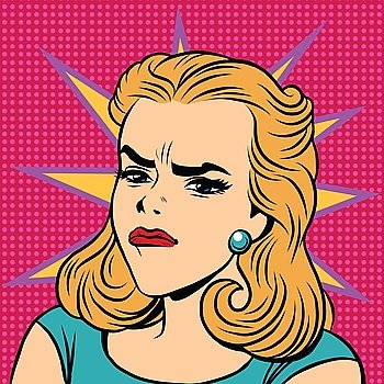 Emoji retro anger disgust girl emoticons. Pop art vector illustration. Emoji woman. Emotions girl face. Retro Emoji girl