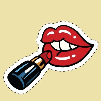 Red lipstick applied to the lips, pop art comic vector illustration. Womens beauty and cosmetics