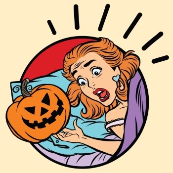 Girl scared Halloween evil pumpkin, pop art comic illustration