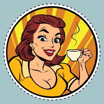 Comic young beautiful woman drinking coffee, pop art retro comic book illustration. Hot drink. sticker label form