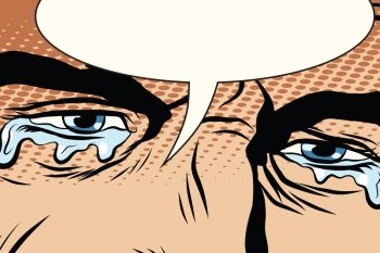 Retro man cries, tears in the eyes, pop art comic book vector illustration