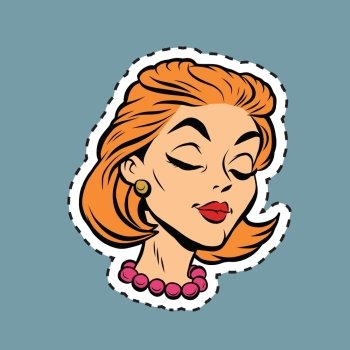 Beautiful modest retro girl head sticker label, pop art comic book vector illustration. The red-haired young woman. The outline for cutting. Emoji face