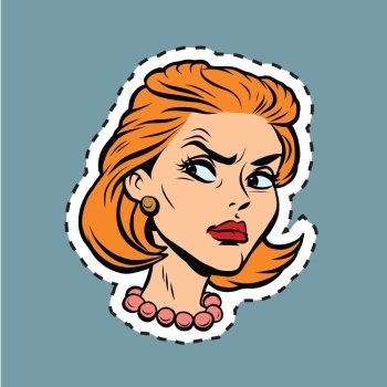 Angry girl face Emoji sticker label, pop art retro comic book vector illustration. The red-haired young woman. The outline for cutting. Emoji face