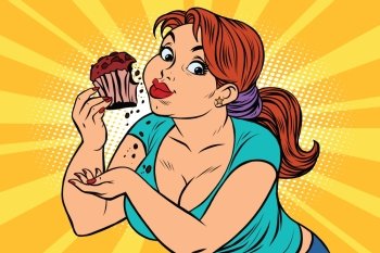 Diet concept woman eating cupcake, pop art retro comic book vector illustration. Sweets and cooking. Fat people