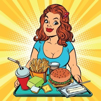 Lifestyle young woman and a fast food lunch in the restaurant, pop art retro comic book vector illustration. Burger, fries and a drink. The concept of healthy eating