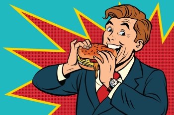 Pop art man eating a Burger, retro comic book vector illustration. The fast food advertising. Promo people